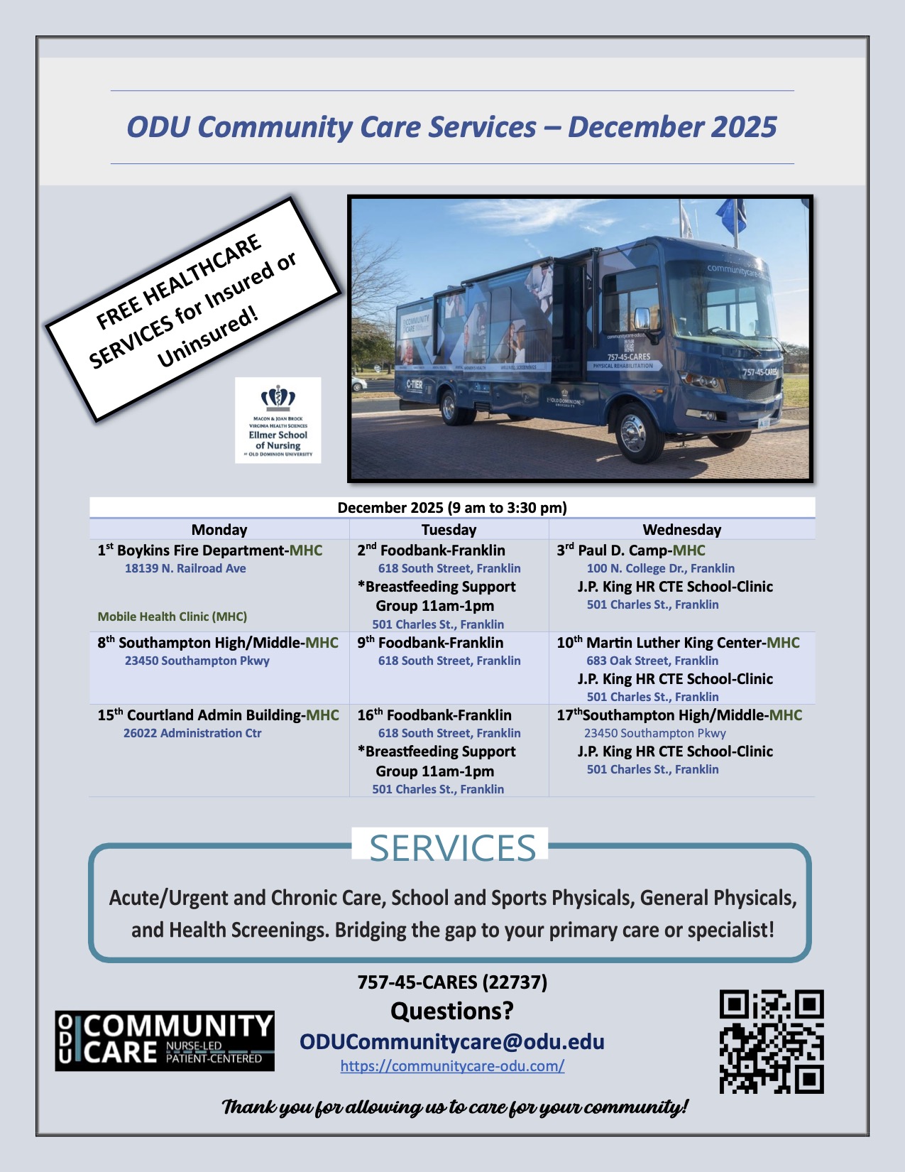  ODU Community Care Services Van will visits SHS and SMS on December 8th and 17th.